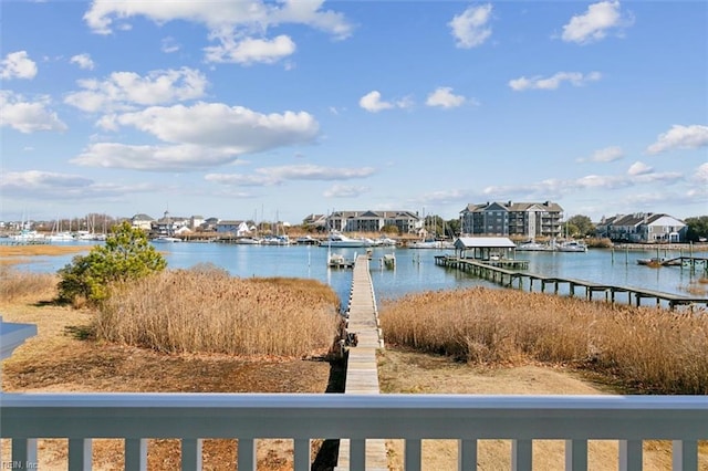 water view featuring a dock