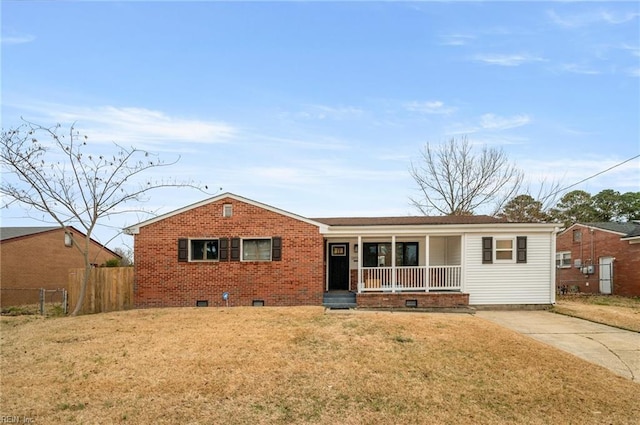 single story home with a porch and a front yard