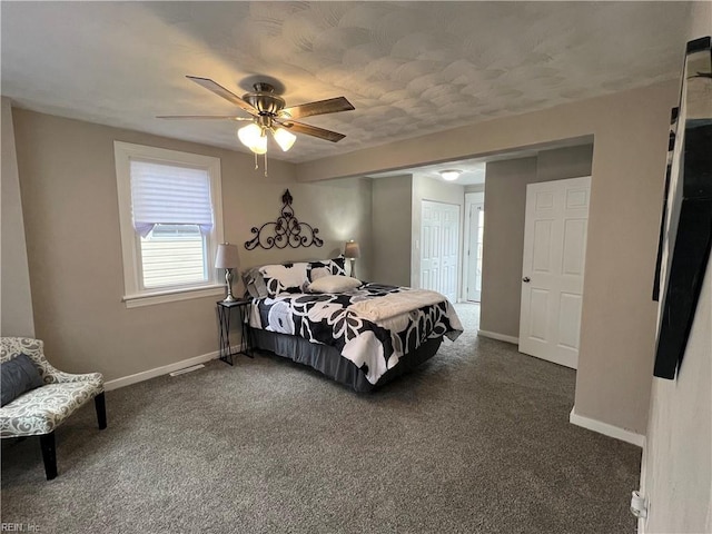 bedroom featuring dark colored carpet, ceiling fan, and a closet