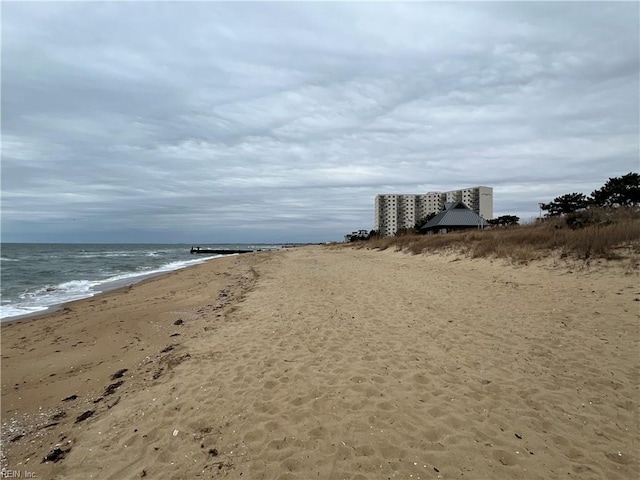 view of water feature with a beach view