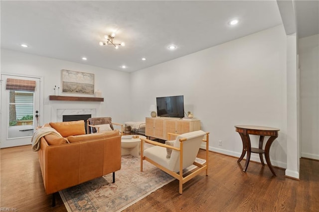 living room with wood-type flooring and a high end fireplace