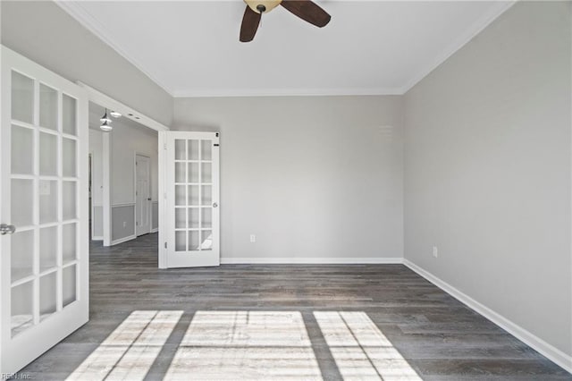 spare room featuring french doors, ceiling fan, ornamental molding, and dark hardwood / wood-style flooring