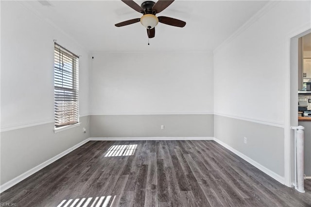 unfurnished room featuring ceiling fan, ornamental molding, and dark hardwood / wood-style flooring