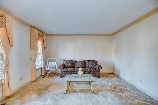 carpeted living room featuring crown molding