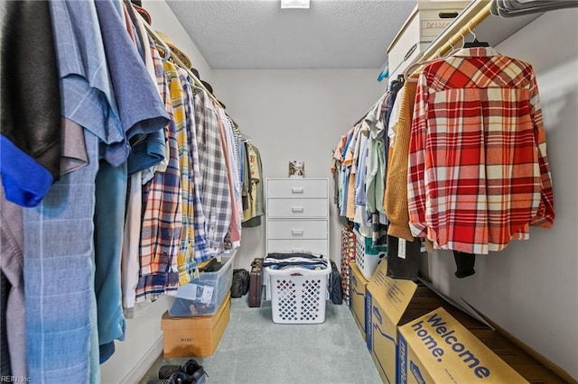 walk in closet with light carpet