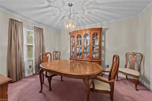 dining space with light colored carpet, ornamental molding, a chandelier, and a textured ceiling