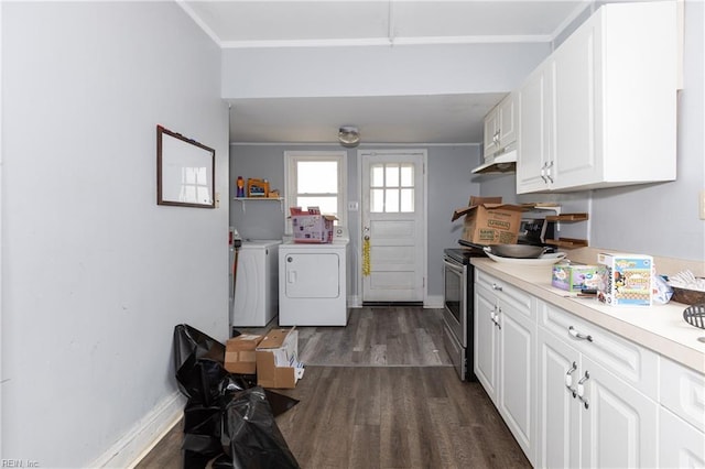 kitchen with crown molding, white cabinetry, washing machine and clothes dryer, stainless steel electric range oven, and dark hardwood / wood-style flooring