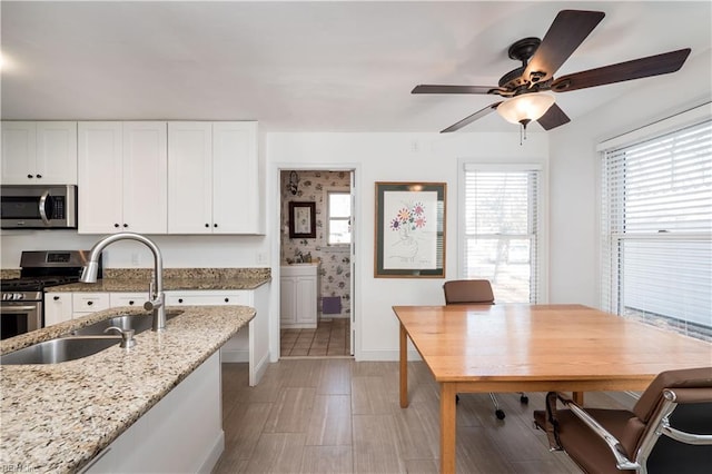 kitchen featuring stainless steel appliances, light stone countertops, sink, and white cabinets