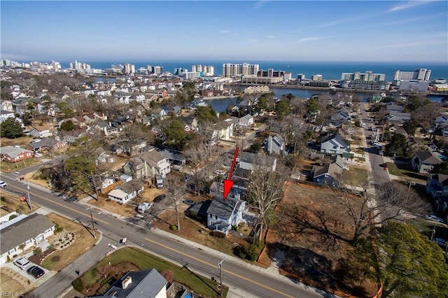 drone / aerial view featuring a water view