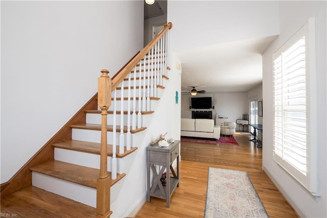 stairs featuring hardwood / wood-style flooring and ceiling fan