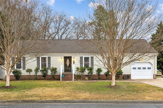 ranch-style house with a garage and a front yard