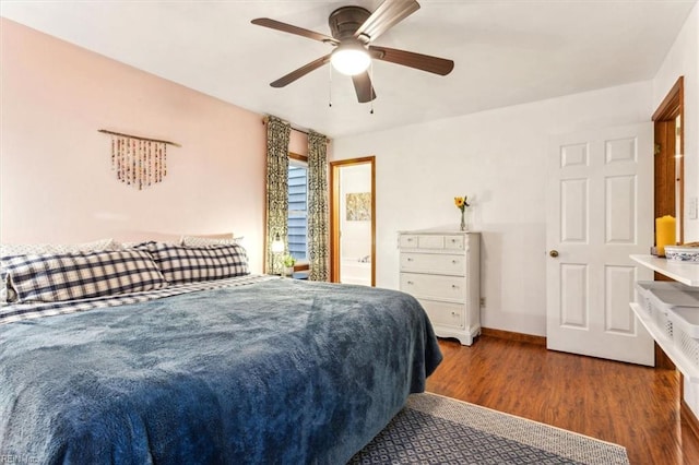 bedroom featuring ceiling fan and light hardwood / wood-style flooring