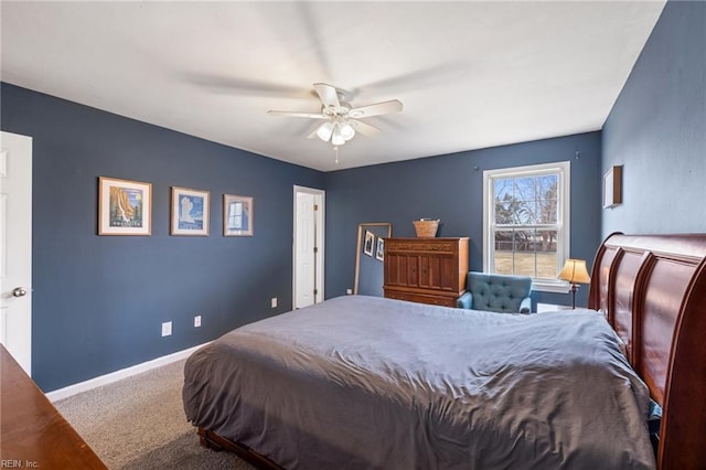 bedroom with ceiling fan and carpet