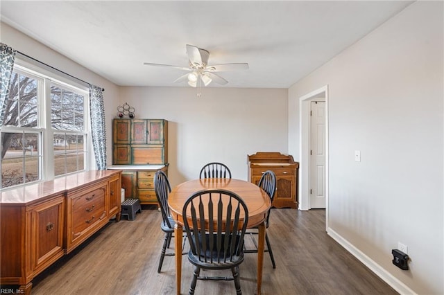 dining room with dark wood-type flooring and ceiling fan