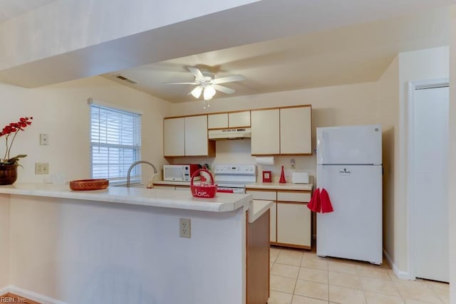 kitchen featuring sink, white appliances, ceiling fan, light tile patterned flooring, and kitchen peninsula