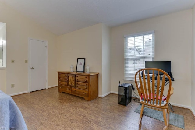 living area featuring hardwood / wood-style flooring and vaulted ceiling