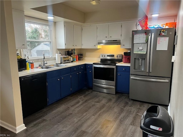 kitchen with blue cabinetry, dark wood-type flooring, sink, white cabinetry, and black appliances