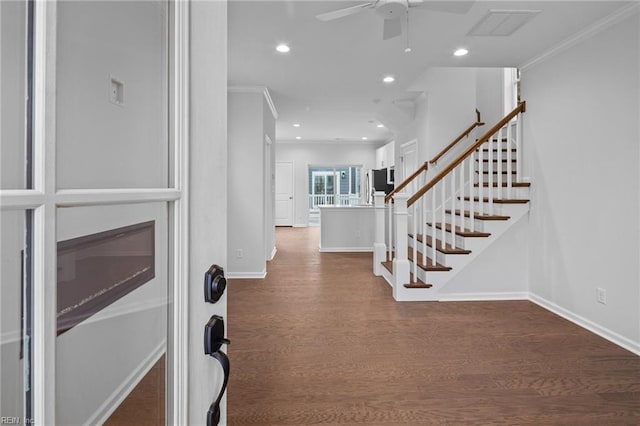 foyer entrance with crown molding, ceiling fan, and dark hardwood / wood-style flooring