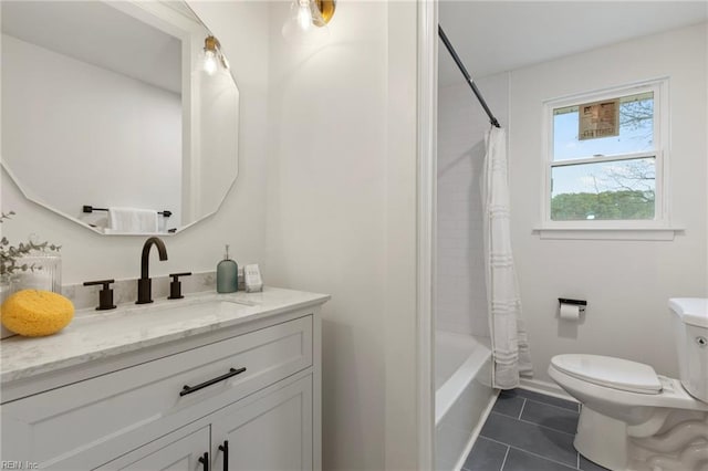 full bathroom with vanity, shower / bathtub combination with curtain, tile patterned floors, and toilet