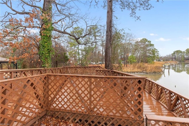 wooden deck with a water view