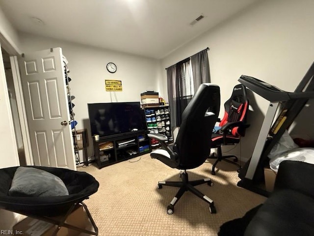 office area featuring light carpet