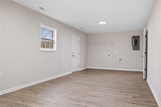 clothes washing area with washer hookup, wood-type flooring, electric panel, and electric dryer hookup