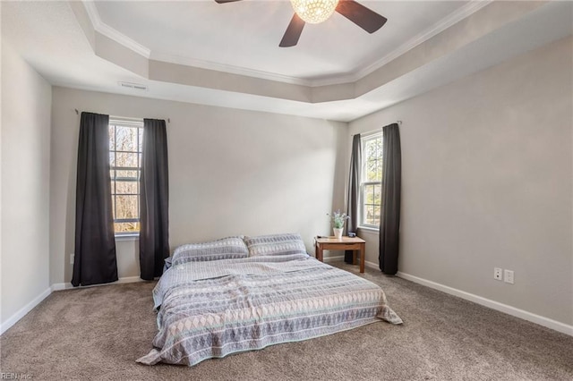 bedroom featuring multiple windows, a tray ceiling, and carpet flooring