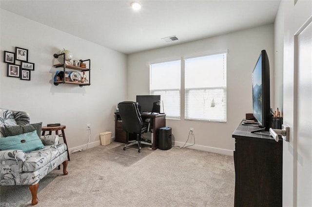 home office featuring light carpet