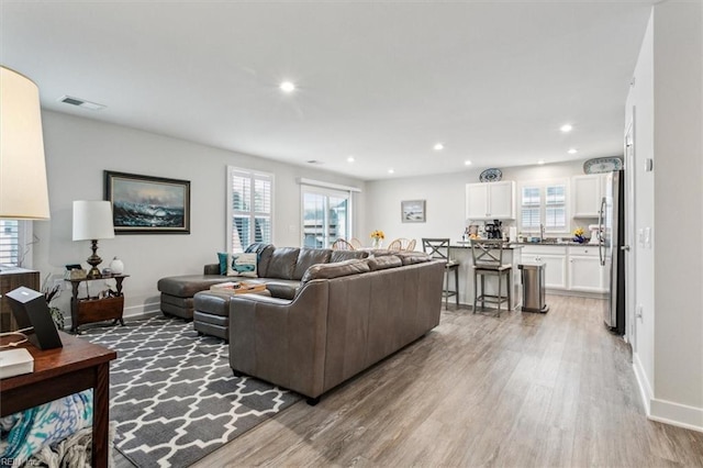 living room with hardwood / wood-style flooring, a healthy amount of sunlight, and sink