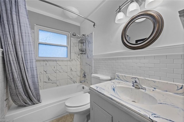 full bathroom featuring tile walls, tile patterned flooring, vanity, toilet, and shower / bath combo with shower curtain