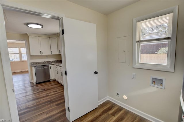 washroom featuring hookup for an electric dryer, washer hookup, and dark hardwood / wood-style floors