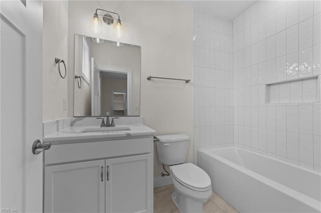 full bath featuring toilet, bathing tub / shower combination, baseboards, and vanity