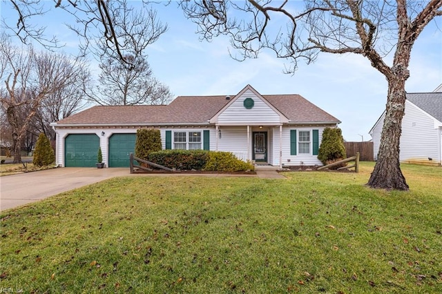 ranch-style house with a garage and a front yard