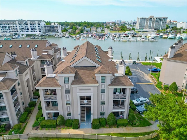 bird's eye view with a water view