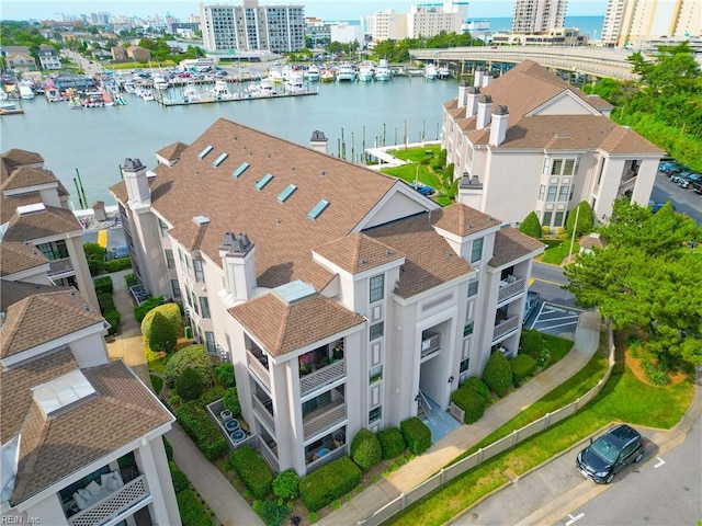 drone / aerial view featuring a water view