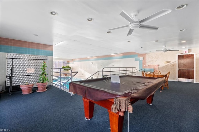 game room featuring pool table and dark colored carpet