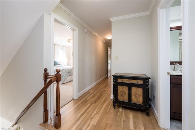 hall featuring sink, crown molding, and light hardwood / wood-style floors