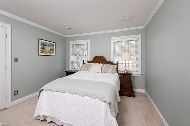 carpeted bedroom featuring ornamental molding