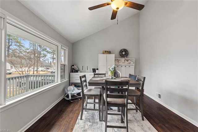 dining room with ceiling fan, lofted ceiling, and dark hardwood / wood-style floors