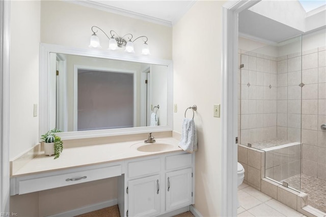 bathroom with vanity, an enclosed shower, toilet, crown molding, and tile patterned floors