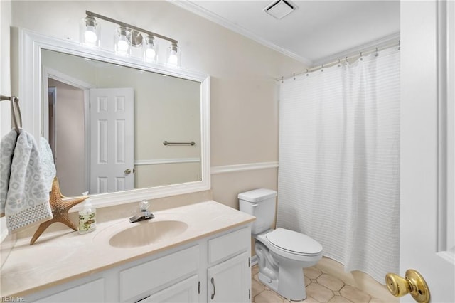 bathroom with toilet, ornamental molding, vanity, a shower with shower curtain, and tile patterned flooring