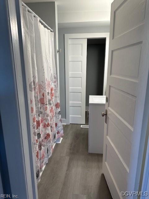 bathroom featuring wood-type flooring and vanity