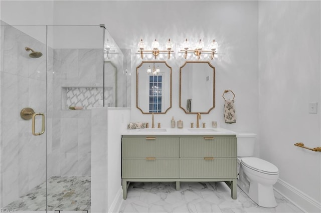 bathroom with walk in shower, vanity, and toilet