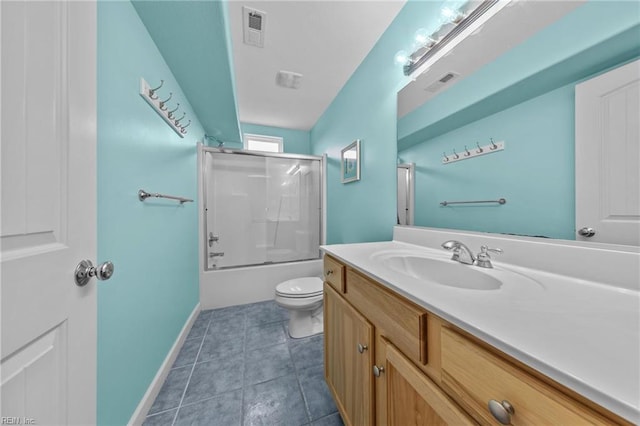 full bathroom with enclosed tub / shower combo, vanity, toilet, and tile patterned flooring