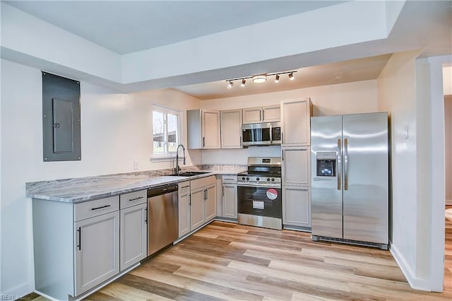 kitchen with sink, light stone counters, light hardwood / wood-style flooring, appliances with stainless steel finishes, and electric panel