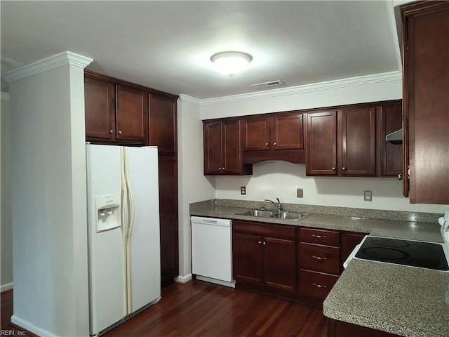 kitchen featuring sink, white appliances, ornamental molding, light stone countertops, and dark hardwood / wood-style flooring