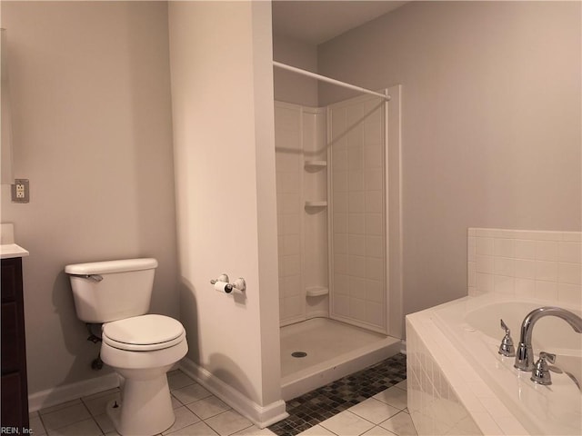 full bathroom featuring tile patterned floors, toilet, independent shower and bath, and vanity