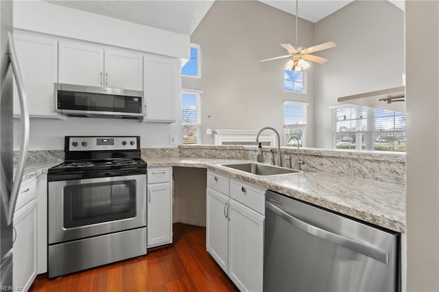 kitchen with dark hardwood / wood-style flooring, sink, white cabinets, and appliances with stainless steel finishes