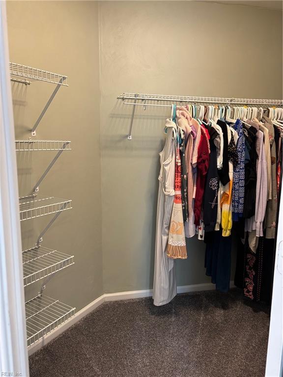 spacious closet with dark colored carpet