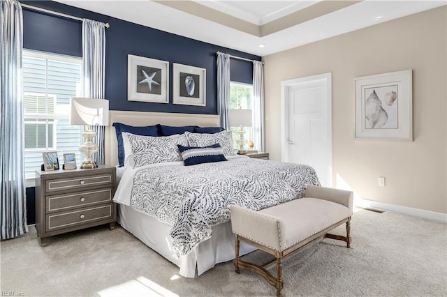 carpeted bedroom with a raised ceiling